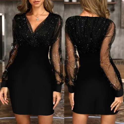 Vista 2 de Vestido de Nochevieja con lentejuelas sexy nuevo 2023 femenino negro retro elegante vestido de fiesta vestido de fiesta para mujer 2023