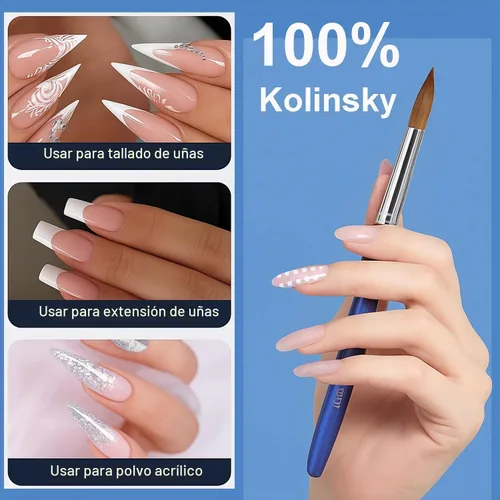 Vista 5 de Kolinsky - Brochas acrílicas para uñas 100% puras, punta ovalada prensada para polvo acrílico, mango de metal azul degradado, cepillo profesional