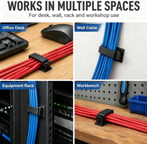 Vista 7 de Paquete de 50 clips autoadhesivos para organizar cables, organizadores de cables, soportes de cable para TV, PC, portátil, cable Ethernet 27B negro