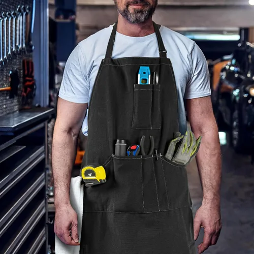 Vista 5 de opux Delantal de chef para hombres, delantal de cocina con bolsillos para mujer, delantal grande de lona unisex para cocinar, asar a la parrilla
