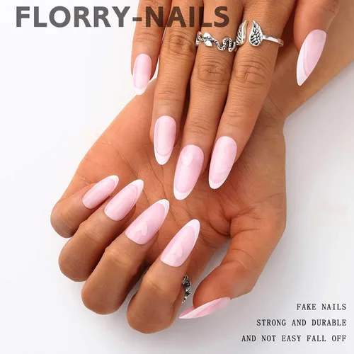 Vista 4 de Florry Uñas postizas cortas a presión para el día de San Valentín, uñas postizas cortas con corazón rosa para mujer, uñas postizas de almendra