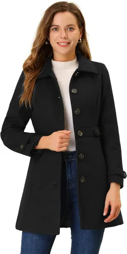 Vista 23 de Abrigo clásico de invierno con bolsillos de Allegra K para mujer; chaquetón de botonadura sencilla Verde militar