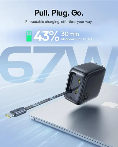 Vista 3 de Baseus Cargador retráctil USB C, 67 W 3 en 1 bloque de carga rápida con enchufe plegable, Enercore CJ11 PD/PPS para Galaxy S25/iPhone 17/16/15