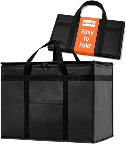 Vista 18 de Bolsa térmica XXL aislada y calentador de alimentos para entrega y compras de comestibles con parte superior con cremallera, color negro