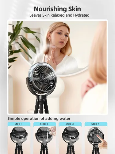 Vista 5 de Ventilador de cochecito nebulizador, ventilador portátil con batería de 6000 mAh con luz y giro de 360°, ventiladores personales con trípode