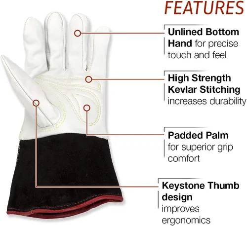 Vista 3 de Lincoln Electric Guantes de soldadura TIG Premium Cuero de grano superior Alta destreza Medianos K2983-M, Blanco