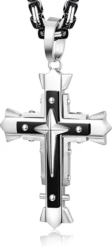 Vista 3 de LOLIAS Collar con colgante de cruz de acero inoxidable de 0197in para hombre cadena bizantina de 22 a 30 pulgadas