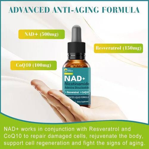 Vista 3 de CoQ10 100 mg, NAD+ liposomal 500 mg, resveratrol 150 mg suplementos líquidos para mujeres y hombres, aumenta la energía y antienvejecimiento