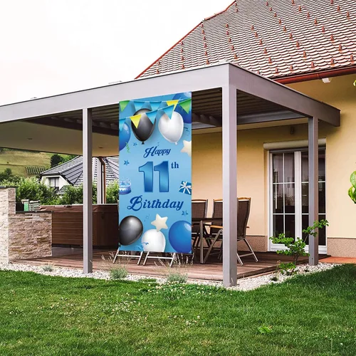 Vista 5 de Cartel azul de feliz cumpleaños número 11, globos de fondo de estrellas, confeti y saludos a los 11 años, decoración temática de puerta, porche