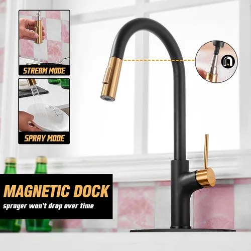Vista 3 de Achelous Grifo de cocina negro y dorado con rociador magnético extraíble, grifos de fregadero de cocina de acero inoxidable extraíbles rv, de una