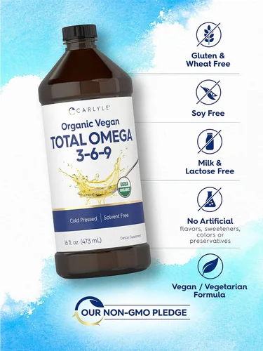Vista 4 de Carlyle Omega 3 6 9 16 onzas líquidas Prensado en frío Suplemento orgánico certificado, vegano Vegetariano, sin OMG, sin gluten y sin