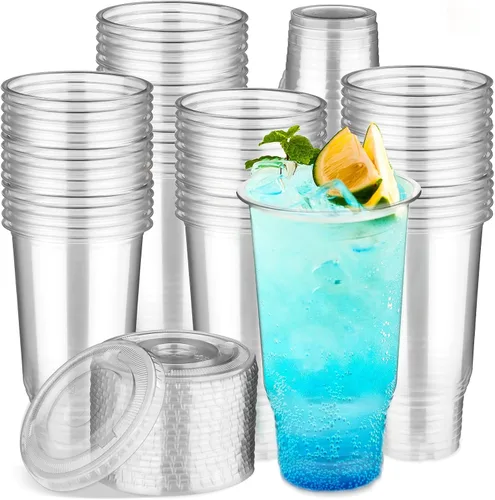 Vista 7 de Vasos de plástico transparente de 32 onzas con tapas, 40 vasos desechables para bebidas frías, postres, helado, café helado, té con leche