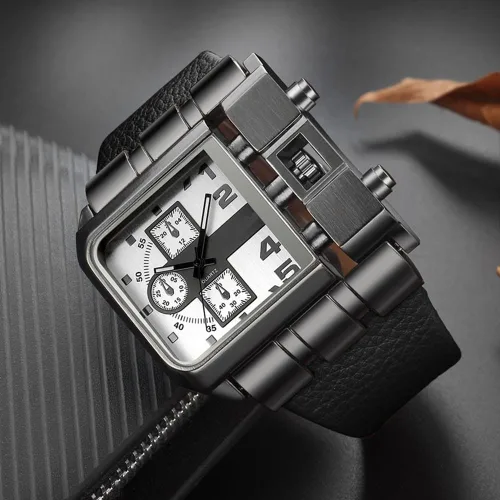 Vista 3 de Reginald Hip hop 53MM Men's Large Face Watch for Men Square Novel Face Dial Stainless Steel Quartz Leather Strap Watches