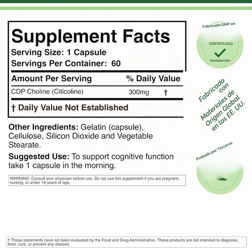 Vista 2 de Suplemento de CDP (citicolina), de grado farmacéutico, fabricadas en Estados Unidos (60 cápsulas de 300 mg) Soporta memoria y recordación, enfoque