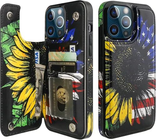 Vista 11 de HAOPINSH Funda tipo cartera con tarjetero para iPhone 14/13, diseño de Girasoles Bandera Americana