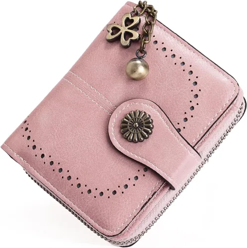 Vista 21 de Cartera pequeña para mujer, de piel, plegable, compacta, con bloqueo RFID, con bolsillo con cremallera para monedas, A01 Rojo Vino, Classic