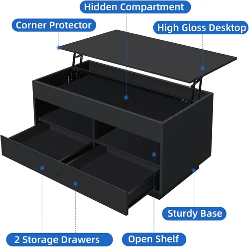 Vista 9 de HOMMPA Morden - Mesa de centro LED de 40 pulgadas con tapa elevable, color negro brillante, con almacenamiento oculto, sala de estar, mesa de té