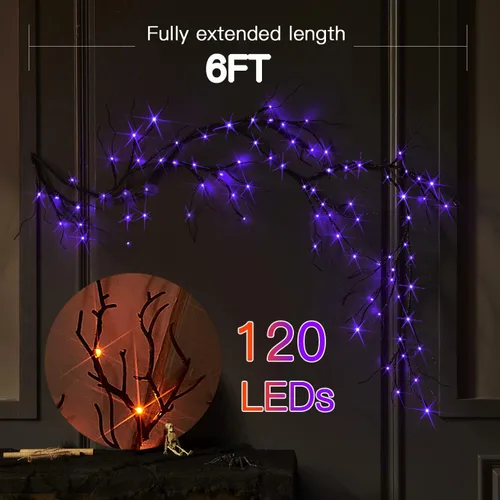 Vista 4 de Fudios Guirnalda de Halloween iluminada con 120 luces LED naranjas y moradas para manto, guirnalda negra de Halloween con luces, 8 funciones