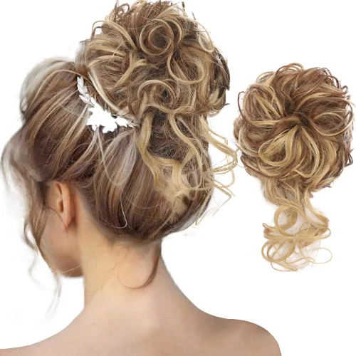 Vista 4 de 2 piezas de Extensiones de Cabello Estilo Moño Despeinado, QIAORUIXIN Extensiones de Cabello Superlargas Estilo Moño Alborotado, Envoltura Ondulada