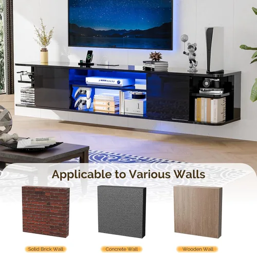 Vista 4 de VINGLI Soporte de TV flotante negro de 63 pulgadas con luces LED RGB, centro de entretenimiento montado en la pared, armario de almacenamiento