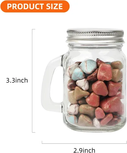Vista 4 de Tazas pequeñas de 4 onzas con asa, paquete de 24 mini tarros de vidrio con tapas de metal herméticas, tazas de vidrio vacías con etiqueta de regalo