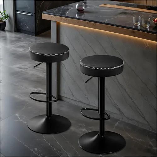 Vista 10 de STOOLINK Juego de 2 taburetes de bar ajustables sin respaldo de cocina con asiento redondo, taburetes de bar giratorios de 360° de altura de Gris