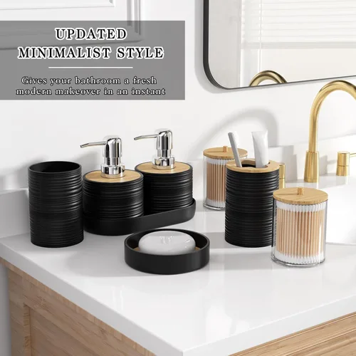 Vista 3 de XLHOMO Juego de 10 accesorios de baño color negro, juego de accesorios de baño de lujo con basura, cepillo de inodoro y 2 dispensadores de jabón