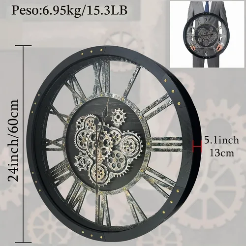 Vista 2 de Reloj de Pared de 24 Pulgadas con Engranajes en Movimiento, Relojes de Pared Grandes, Reloj para Decoración de Sala de Estar, Marco de Madera