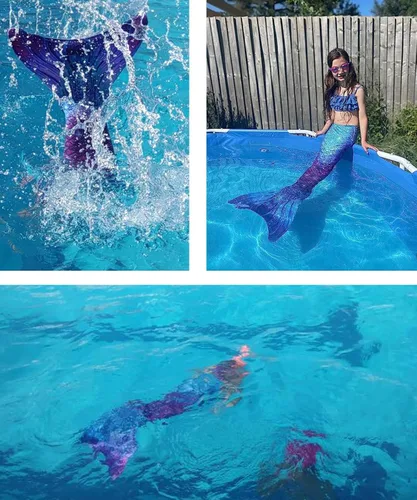 Vista 5 de DNFUN Colas de sirena para nadar para niñas, traje de baño de sirena con monoaleta