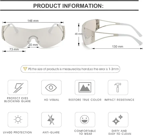 Vista 4 de Gafas de sol Y2K para mujeres y hombres, lentes de sol degradados sin montura con pierna de metal a la moda, escudo envolvente