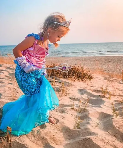 Vista 4 de HenzWorld Little Girls Mermaid Costume Princess Dress Birthday Party Pretend Play Christmas Gifts Jewelry Accessory