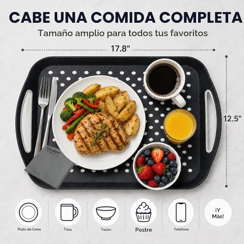 Vista 3 de Bandeja grande antideslizante con asas, bandejas de comida para regazo con puntos de agarre de silicona para comer, aptas para lavavajillas
