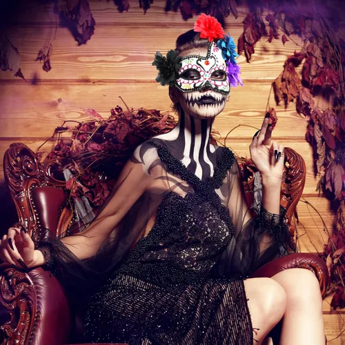 Vista 7 de Leyndo 4 piezas Día de los Muertos Azúcar Medio Calavera Máscara de Ojos Máscara Mexicana Mascarada Máscaras Halloween Cosplay Fancy Dress