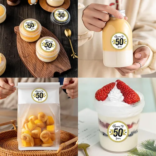 Vista 6 de REWIDPARTY Calcomanías de cumpleaños número 50, 80 calcomanías redondas de oro blanco, calcomanías adhesivas impermeables para decoraciones