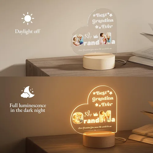 Vista 3 de Bemaystar Regalos para el día de la madre para abuela, regalos personalizados para abuela, luz nocturna LED acrílica con imagen, regalos para abuela