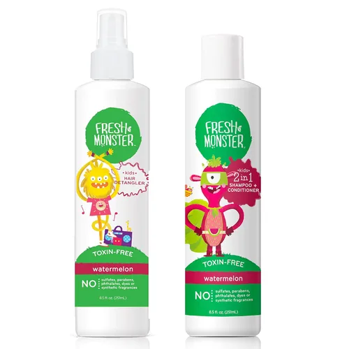 Vista 8 de Fresh Monster Spray desenredante para el cabello, champú y acondicionador 2 en 1, coco, sin toxinas, hipoalergénico y natural (8.5 onzas cada uno)