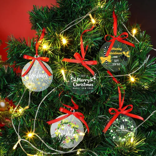 Vista 6 de Blulu 200 Piezas Adornos de Acrílico Transparente de Navidad con 4 Rollos de Cinta Roja DIY Blancos Círculo Acrílico Redondo Ornamento