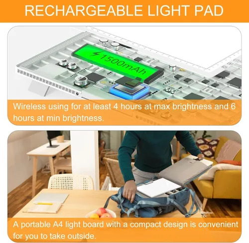 Vista 5 de Honesorn Almohadilla de luz de trazado de copia A4 con puerto tipo C, tablero de luz ultrafino de pintura de diamante, mesa de luz LED