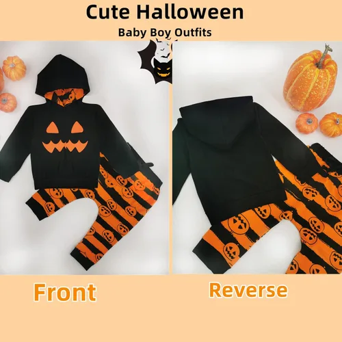 Vista 2 de Ropa de bebé de Halloween ropa con capucha para niños pequeños sudadera con estampado de cara de calabaza pantalones largos para bebé conjunto de 2