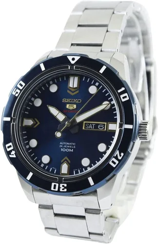 Vista 5 de Seiko 5 deportes automático esfera azul acero inoxidable 100M reloj para hombre SRP677