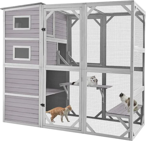 Vista 7 de Catio - Recinto para gatos al aire libre para múltiples gatos, resistente a la intemperie, casa grande para gatos con 4 niveles, 3 salas