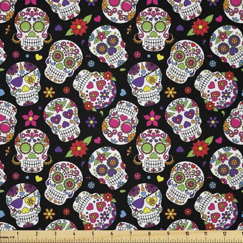 Vista 20 de Ambesonne The Yard, tela de calavera colorida con temática de Halloween, diseño de calavera y huesos cruzados, divertido estampado de dibujos