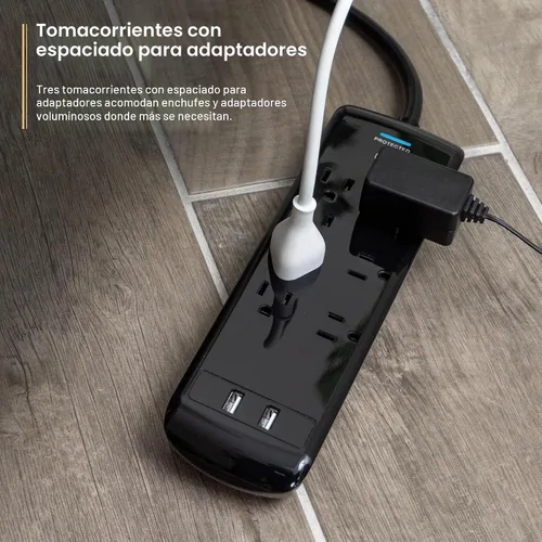 Vista 5 de GE Protector SurGE Pro de 7 tomas, 2 puertos USB, cable de extensión de 3 pies, 1780 julios, 2.1 amperios/10 vatios, 3 adaptadores espaciados