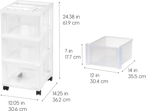 Vista 3 de IRIS USA Organizador de almacenamiento de cajones de plástico, carrito rodante, con ruedas giratorias, 3 cajones, para el aula, suministros de arte