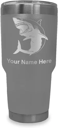 Vista 39 de LaserGram Vaso aislado al vacío de 20 onzas, gran tiburón blanco, grabado personalizado incluido (negro)