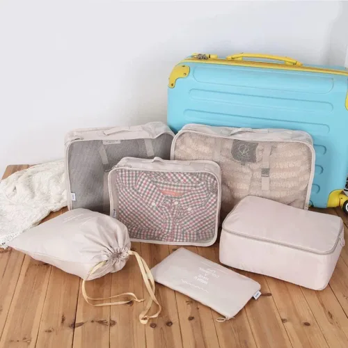 Vista 6 de Fxkoolr Juego de 6 cubos de embalaje organizadores de equipaje para viajes beige