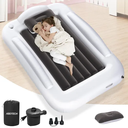 Vista 9 de Cama de viaje inflable para niños pequeños - Cama de viaje portátil para niños con lados de seguridad, juego completo de colchón de aire para niños