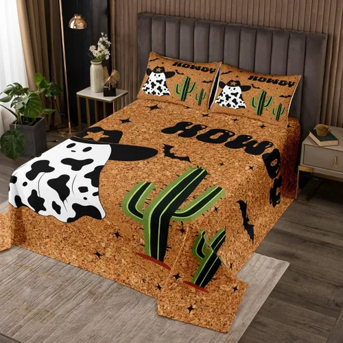 Vista 18 de Colcha de vaquero occidental para niños, tamaño individual, juego de colcha rústica de herraduras, cactus y herraduras, decoración de habitación