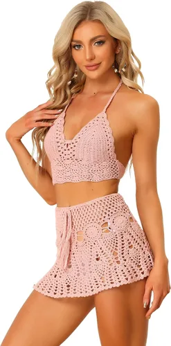 Vista 8 de Allegra K Conjunto de bikini de 2 piezas para mujer, top con huecos, minifalda, verano, playa, conjuntos de punto de ganchillo