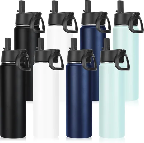 Vista 16 de Neihepal Botellas de agua aisladas de 22 onzas con tapa con popote a prueba de fugas, botella de agua de acero inoxidable de doble pared de boca